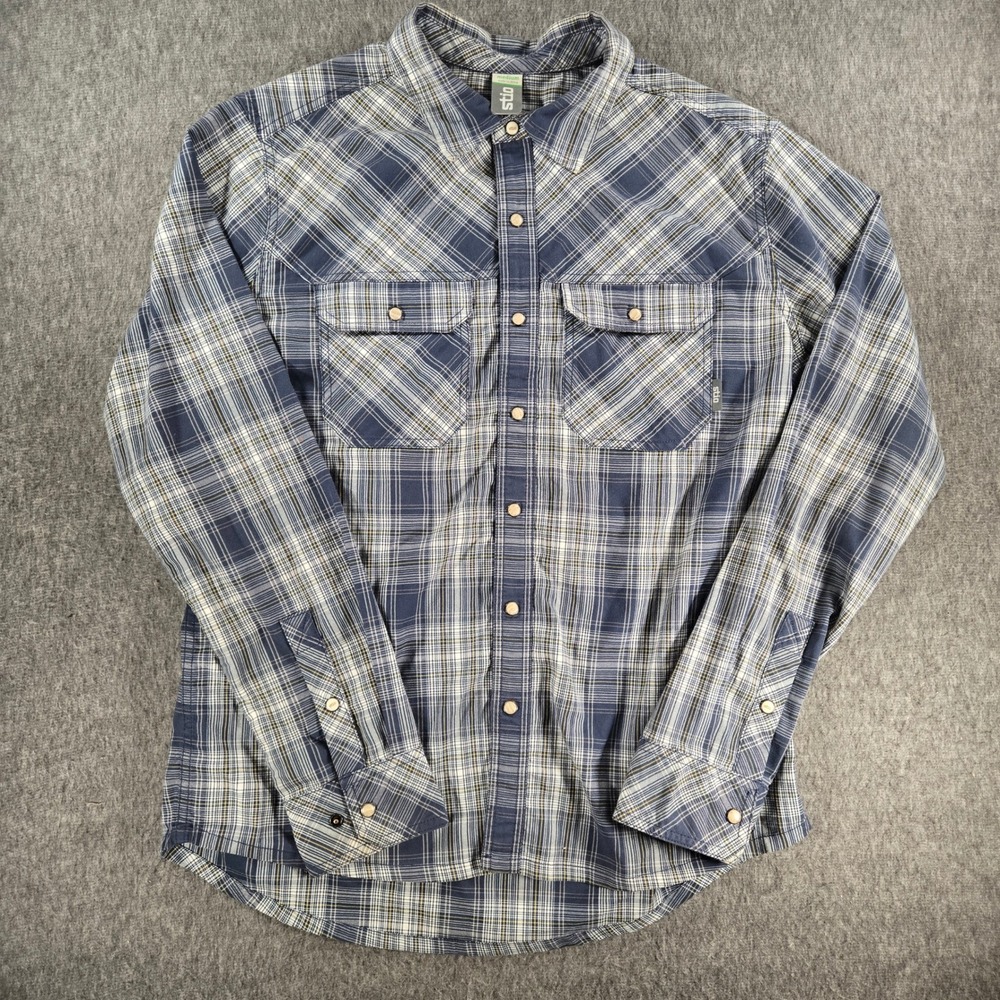 Stio Shirt Mens Medium Blue Plaid Pearl Snap Long Sleeve Western Gorpcore